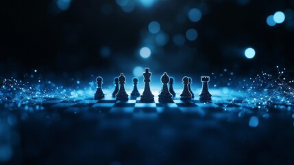 A close-up view of chess pieces against a dark, shimmering background, creating a modern, strategic atmosphere.