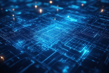 A futuristic digital circuit board with glowing blue lines and nodes.
