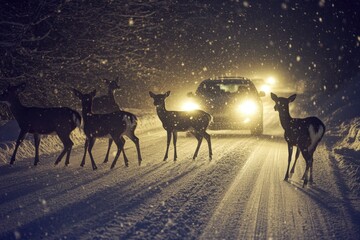 Group of deer are crossing a snowy road at night, illuminated by the headlights of an approaching car