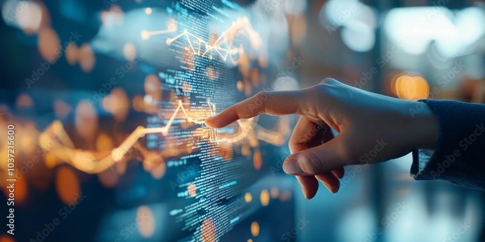 Aufkleber a hand touches a digital display of data visualizations, emphasizing technology, analytics, and mode