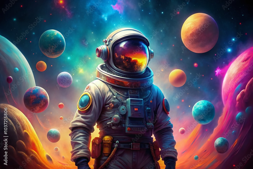 Poster elus the spaceman exploring the cosmic realm with bokeh effect for a dreamy atmosphere