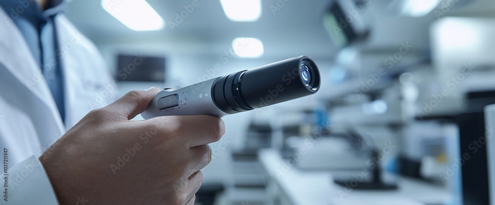 Poster Close-up of a scientist holding a small camera in a laboratory setting.