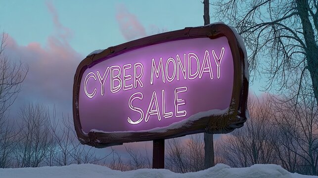 Bright neon sign advertising Cyber Monday sale against a winter backdrop, ideal for holiday promotions and online shopping themes.