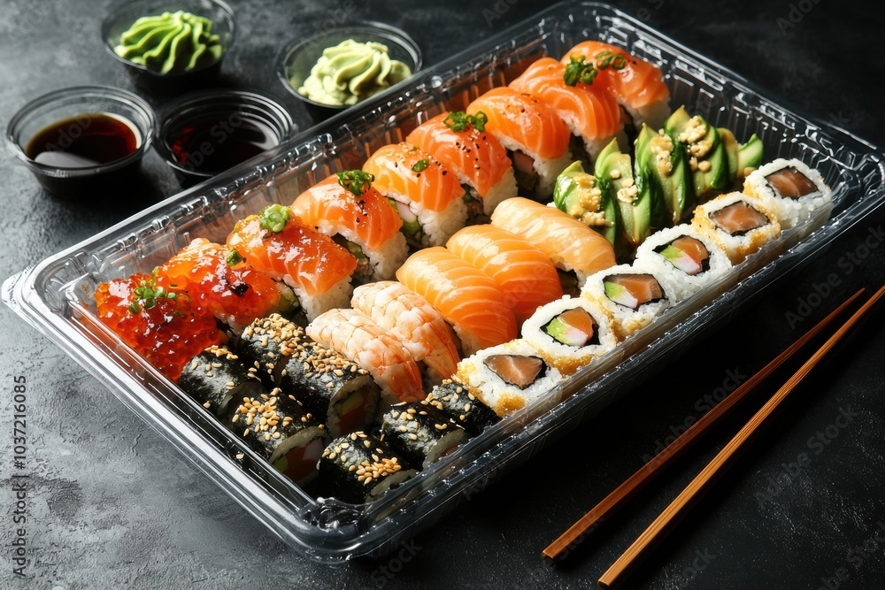 Poster an enticing assortment of sushi rolls and sashimi is beautifully arranged on a catering platter, per