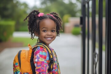 Smiling child with backpack on first day of school