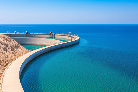 A stunning view of a modern water reservoir against a clear blue sky by the ocean