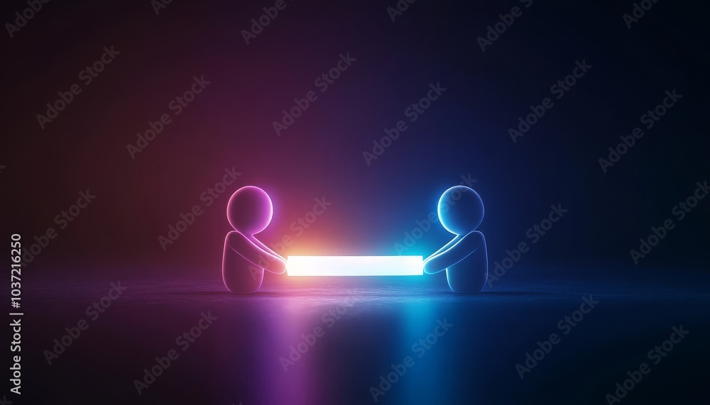 Poster two glowing figures hold a vibrant light beam, creating a captivating visual contrast in a dark sett