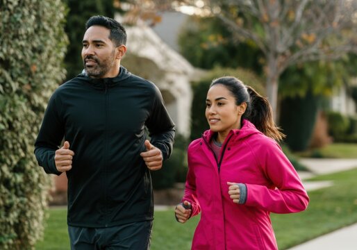 Man and woman are running outside in a neighborhood