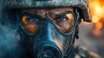soldier wearing gas mask stares intensely, showcasing determination and resilience amidst smoky backdrop. close up highlights grit and focus of military life