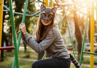 Smiling teenager girl wearing a cat costume is playing on a playground