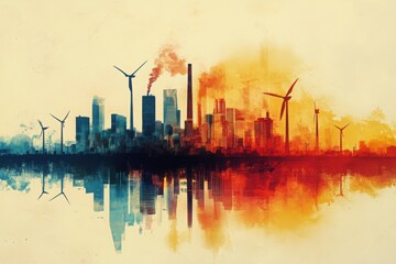 Fototapeta premium City skyline blending industry and renewable energy