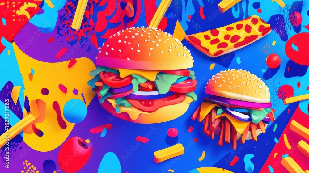 Poster stylized fast food representations of burgers, fries, and pizza are creatively displayed on a bright
