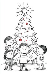 Four children are decorating a christmas tree with ornaments