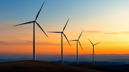 Fototapeta premium Harnessing nature's power a stunning sunset over wind turbines in the landscape