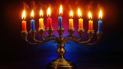 Fototapeta premium Burning candles on a Hanukkah menorah symbolizing the Festival of Lights in a cozy setting
