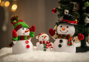 Happy snowman family is posing in the snow in front of a decorated christmas tree and blurred lights
