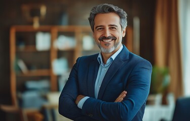 Obraz premium Happy middle-aged CEO standing with his arms folded in his office.