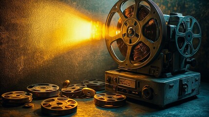 Vintage Film Projector with Reels Casting Nostalgic Light on a Wall