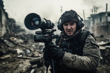Fototapeta premium A war correspondent films the aftermath of a conflict in a destroyed city.