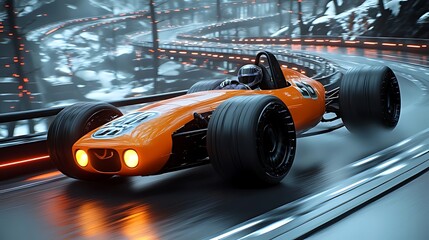 Obraz premium An orange race car drives on a futuristic, winding track.