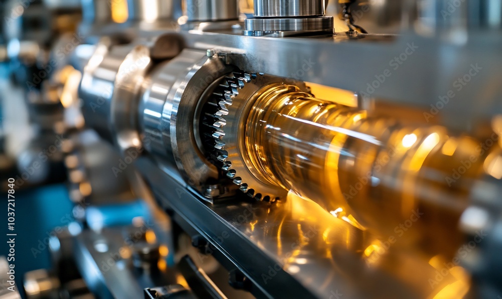 Poster close-up of a shiny metal machine with visible gears and a clear tube filled with a yellow liquid.