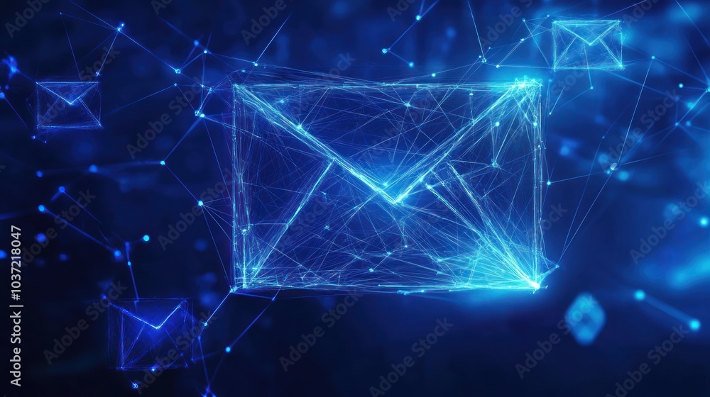 Poster a digital representation of an email symbol composed of glowing lines and nodes.
