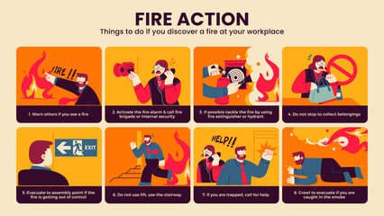 Infographic of fire action at workplace. Businesspeople discover accident and fire disaster in office, emergency situation. Workers with briefcase go to exit from flame. Cartoon flat illustration