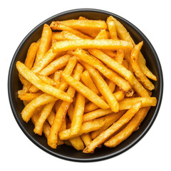 Top View Crispy Golden French Fries in Black Bowl on Transparent Background