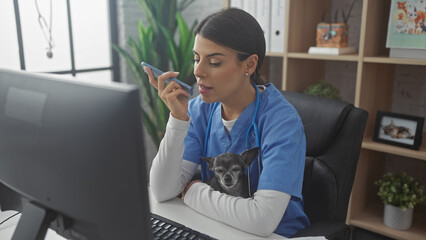 Hispanic woman veterinarian using smartphone with chihuahua in clinic