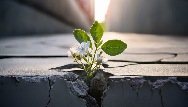 Nature's resilience in a harsh environment a small, vibrant green plant with delicate leaves and a few blooming flowers growing from a crack in a crumbling concrete surface, a sense of resolve and bea