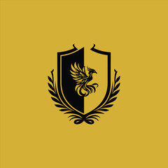 striking crest features a phoenix rising from flames, beautifully framed by intricate gold background designs template