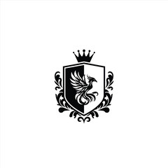 This striking crest features a phoenix rising from flames, beautifully framed by intricate floral designs and a crown above