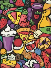 Obraz premium A lively collection of doodles showcases a variety of foods, including pizza, ice cream, fruits, and drinks in bright colors. Generative AI