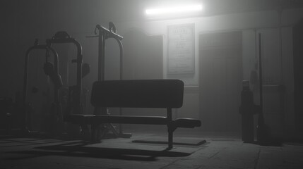 A dimly lit gym with silhouettes of fitness equipment and a person entering through a door.