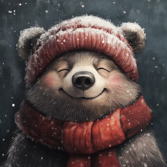 Naklejka premium Smiling bear in a winter hat and scarf with snow