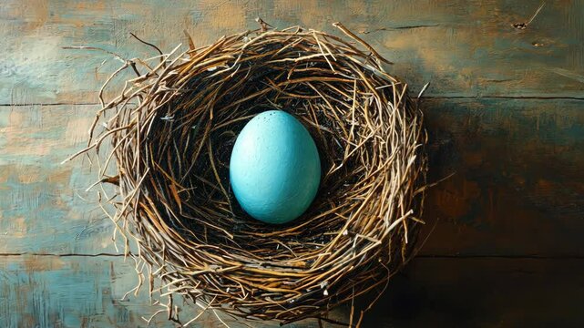 A blue egg rests in a woven nest on a wooden surface