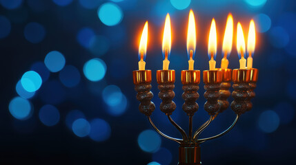 Fototapeta premium Hanukkah background in low light emphasizing the warmth of candles and holiday symbols