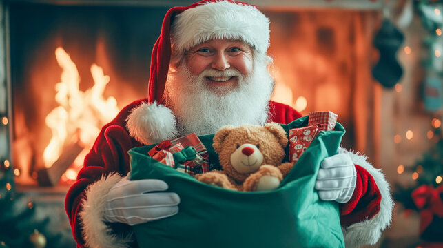Joyful santa claus holding toy-filled bag by cozy fireplace during festive christmas eve