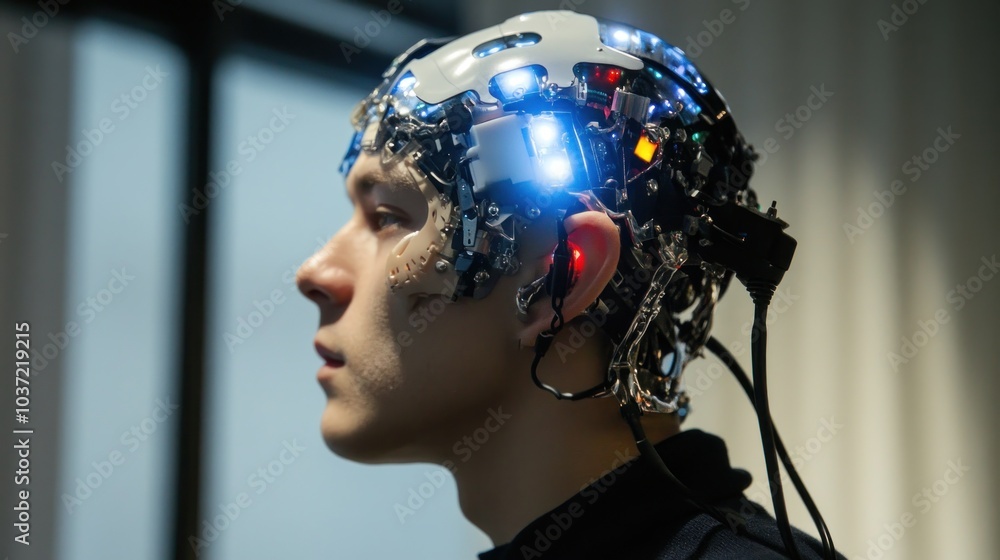 Poster a person wearing a futuristic brain-computer interface helmet with lights and wires.