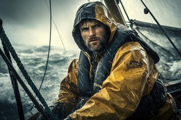 Obraz premium Fisherman braves a storm on the open ocean while holding on to ropes on his sailboat