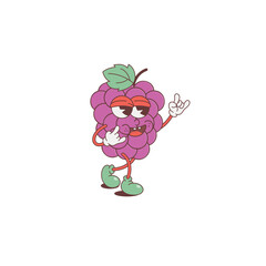 Groovy grape fruit character. A cheerful cluster of ripe grapes wearing retro sneakers and gloves, dancing with a smile and playful pointing gesture. Quirky vibes in this isolated vector illustration