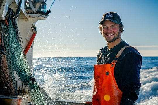 Young fisherman is smiling on a fishing boat at sea on a sunny day