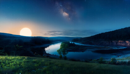 Serene night landscape, a tranquil river, surrounded by lush greenery under a breathtaking starry sky. Ideal for conveying peace and tranquility.
