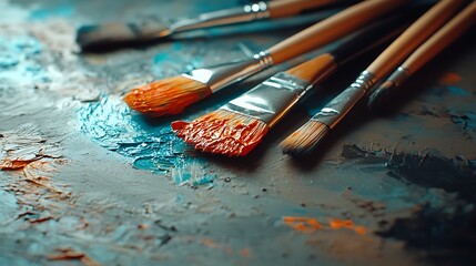 Obraz premium Paintbrushes on a Palette with Orange and Blue Paint