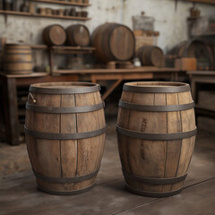 Fototapeta premium wooden barrels in a rustic workshop