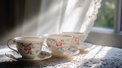 Elegant Antique Tea Cups with Floral Patterns on Lace Tablecloth