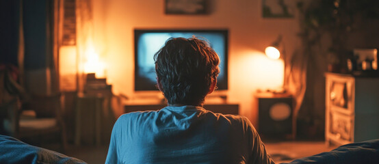 Man watching tv alone in cozy living room at night with warm ambient lighting and relaxed atmosphere