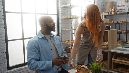 Man and woman talking in a bakery with pastries in the background and sunlit windows enhancing the indoor setting atmosphere