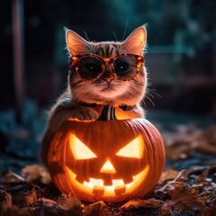 Naklejka premium halloween cat with a pumpkin
