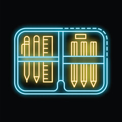 Blue neon pencil case is glowing with yellow stationery supplies against a dark background